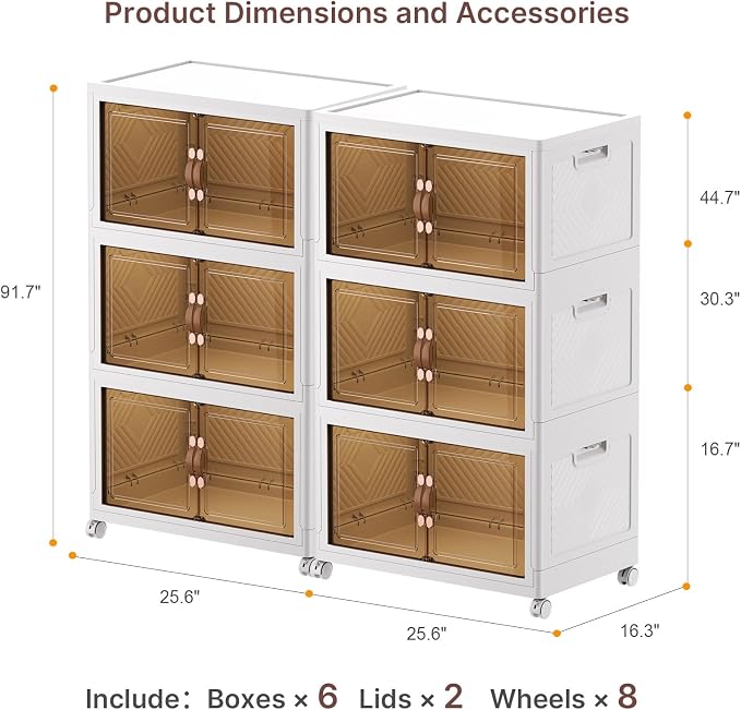 Stackable Storage Bins with Lids, 720QT Lockable Storage Cabinet | Closet Organizers, Foldable Storage Box with Doors and Wheels, Plastic Drawers for Home, Garage, Office (6, White, Large)