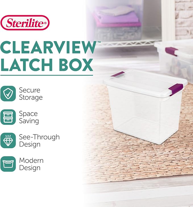 Sterilite ClearView Latch Boxes, Storage Bins with Lids, 27 Quart, 24-Pack | Clear Plastic Organizers with Color Accent Latches for Closet, Bedroom, Shelving Units, Dorm Room and Home Organization