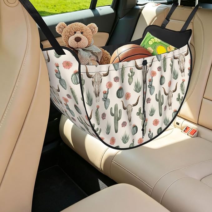 Cactus Skull Floral Car Seat Organizer Backseat Storage Bag, Large Waterproof Vehicle Organizer With Adjustable Straps For Gear Essentials, Fits Most Cars