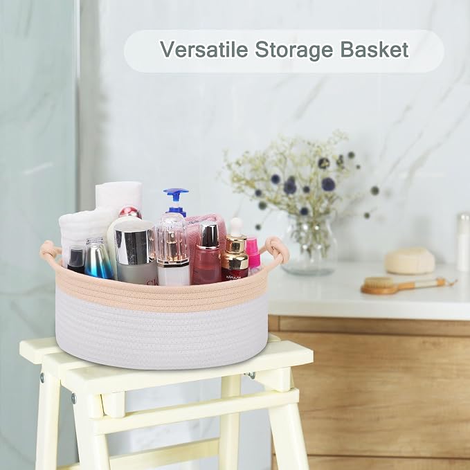 COMSE Small Gift Basket Empty with Bag & Ribbons, Beige & White | Cotton Rope, 12"x 8"x 5", Pet Toy Storage Organizer, Woven Basket for Birthdays, Baby Showers, Mother’s Day, Valentine’s Day
