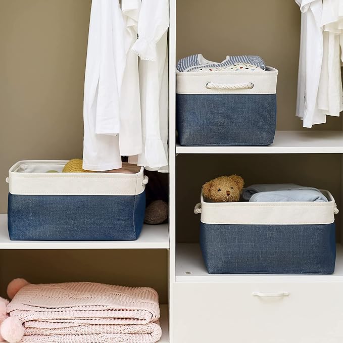 Storage Bins for Shelves - 1 Pack 15.7x11.8x8.3 inch Fabric Storage Cubes, Storage Basket for Organizing Gift Laundry Cloth Toy Room (White & Jean Blue)