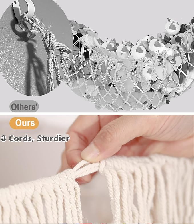Stuffed Animal Hammock - Extra Large 56'' Long (Cream White) | Premium Cotton Hand-knitted, Beautiful Long Tassel, Storage Hanging Organizer, Can Fit Stuffed Animals 30 Piece or More