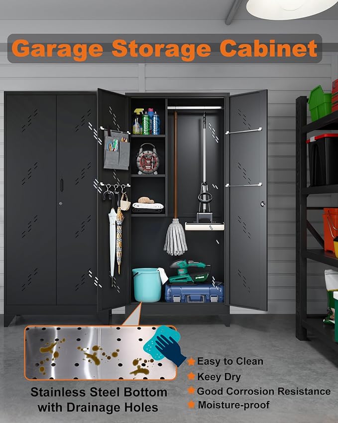 75" Metal Storage Cabinet with Lockable Doors,Utility Closet,Black | Functional Garage Storage Cabinets,Heavy-Duty Tool Cabinet,Hanging Rod & S-Hooks,Steel Lockers for Home Office,Warehouse