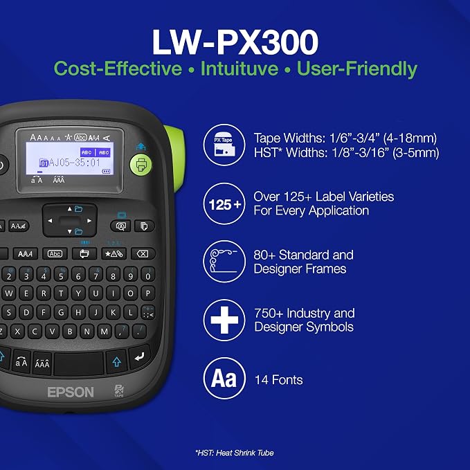 LABELWORKS Epson Restaurant Deli Organizer Bundle - LW-PX300 Industrial Label Maker and 212WBPX PET (Polyester) Tape Cartridge - White on Black Industrial Label Maker Tape