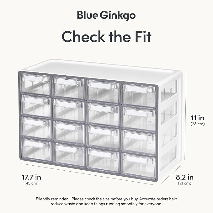 Blue Ginkgo 16-Drawer Storage Cabinet Organizer, Grey, Made in Korea | Stackable. Adjustable. Easy Visibility.