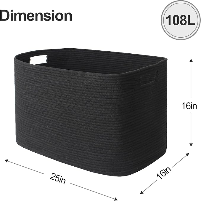 Large Black Basket for Blankets, 108L Rectangle Blanket Storage for Living Room, Jumbo Woven Rope Storage Basket, Oversized Kids Dog Toy Bin Box, Throw Pillow Holder Organizer, 25"x16"x16"
