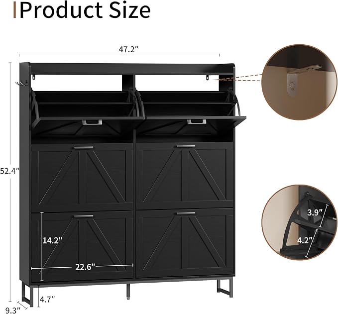 Xixini Shoe Storage Cabinet with 6 Flip Drawers, Entryway Shoe Rack, Black | Freestanding Narrow Shoe Storage, Hidden Slim Wood Shoe Organizer, Modern Farmhouse, Open Storage & Hooks for Closet, Hallway