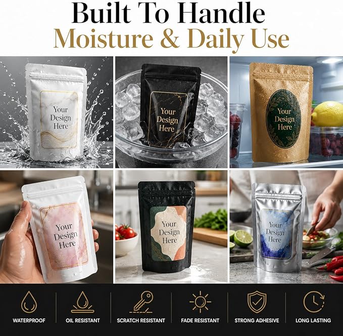 Custom Pouch Labels - Personalized Waterproof Vinyl Stickers for Pouches | Coffee Bags, Food Packaging, Tea, Protein Powder, Pet Treats, Glossy Custom Product Labels