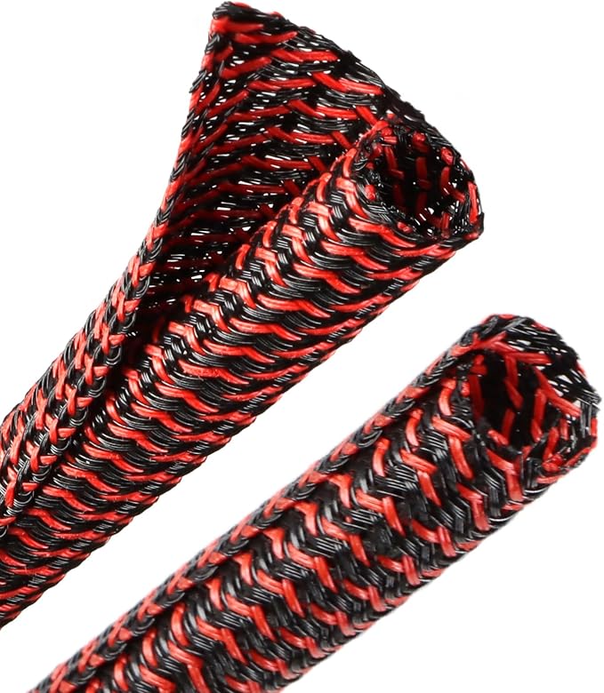 10ft PET Braided Cable Sleeve 3/4 inch(19mm) Wire Protector Cable wrap Wire Covers for Cords Cable Sleeves Cord Management Cable Management Sleeve(Red Black)