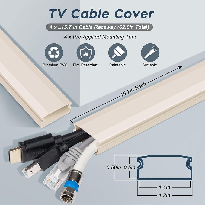 PVC Cord Hider Cable Management Wall, 62.8in TV Cable Hider | Paintable Cable Concealer for Wall Mounted TV, Cable Raceway Beige Wire Hider, Wall Wire Covers for Cords, L15.7inW1.2H0.59in