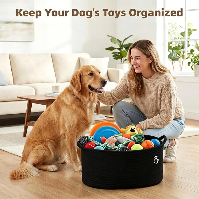 Optish 40L Extra Large Dog Toy Basket, 20" x 14" x 9" XL Toy Storage Box and Bin with Handles, Woven Cotton Rope Foldable Basket for Blankets, Living Room, Bedroom, Home Decor, Black