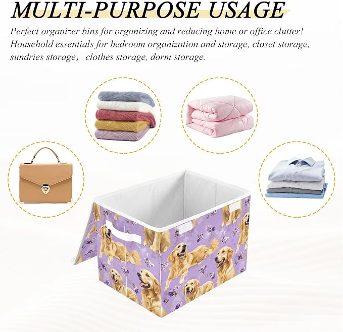 Art Golden Retriever Dogs Purple Storage Bins Bins For Organization With Handle for Pack Moving