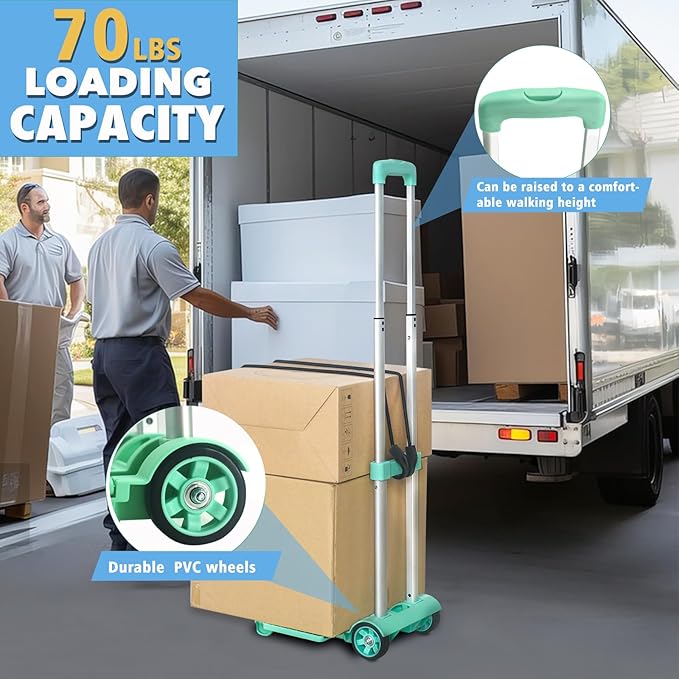 Folding Hand Truck Dolly Cart,Collapsible Shopping Trolley,Mini Lightweight Hand Dolly,Backpack Trolley,Luggage Cart,Aluminum Telescopic Rod,2 Wheel Trolley Expandable Large Chassis,Mint Green