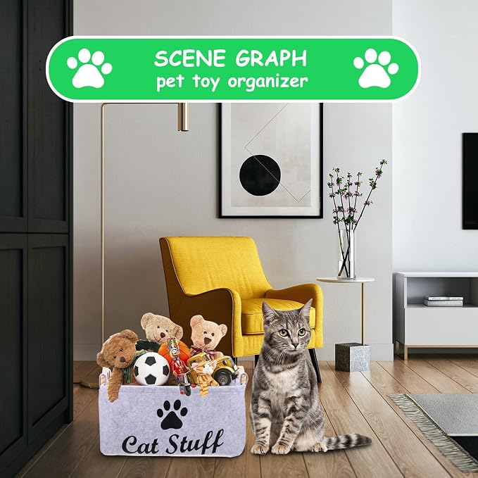 balacoo Cat Toy Storage Bin Fabric Pet Accessory Organizer Felt Basket Chest Organizer Container with Wooden Handle for Dog Rope Toys Blankets Leashes Clothing Grey