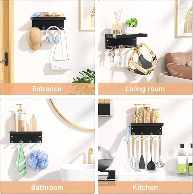 YWHWXB No Drill Dog Leash Holder Wall Mount, Pet Hooks & Shelf (Black) | Heavy-duty metal structure All-in-one entryway organizer Multi-scenario use Hassle-free setup & care