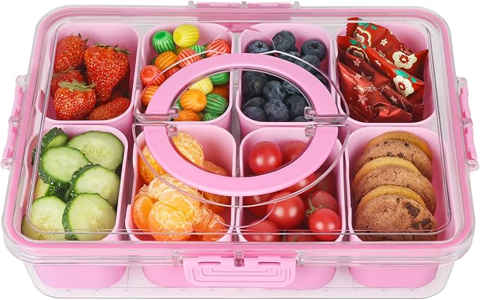 Snackle Box Snack Container Tray with Lid, Divided Serving Tray with Handle | Portable Snack Platter Fruit Veggie Trays Snackele Box Containers for Charcuterie, Party, Snack, Nuts, Beach, Travel, Picnic