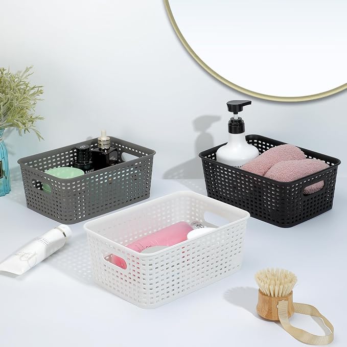 AREYZIN Plastic Storage Baskets Set of 6 Sturdy Small Organizer Plastic Storage Bins Baskets for Shelves,Closet,Countertops, Desktops, Cabinets and Badrooms,Black