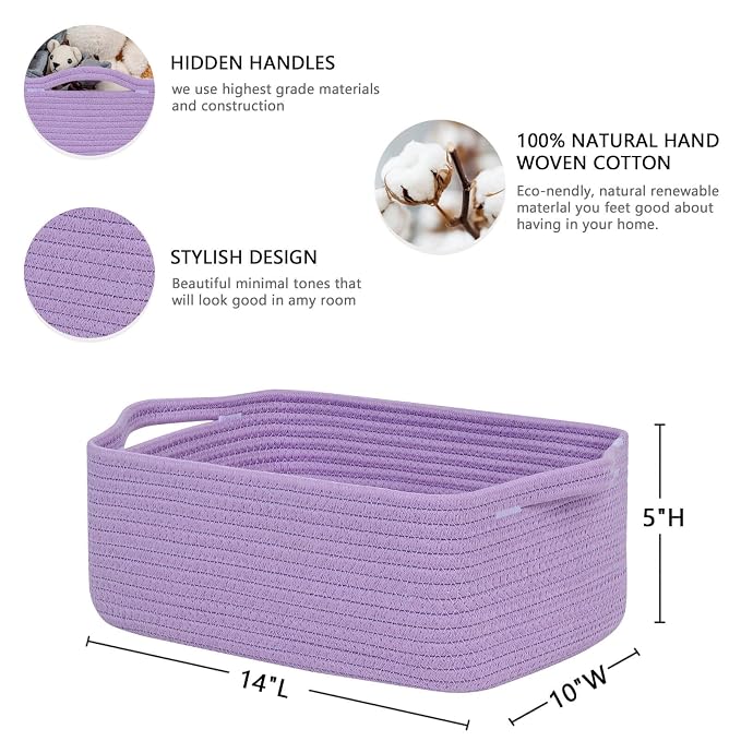 CubesLand Cute and Durable Small Cotton Rope Basket for Organizing | Woven Closet Storage Bin,Shelves Closet Storage Basket, Bathroom Storage Organizer Bin, Nursery Toy Basket Bin, Purple Basket