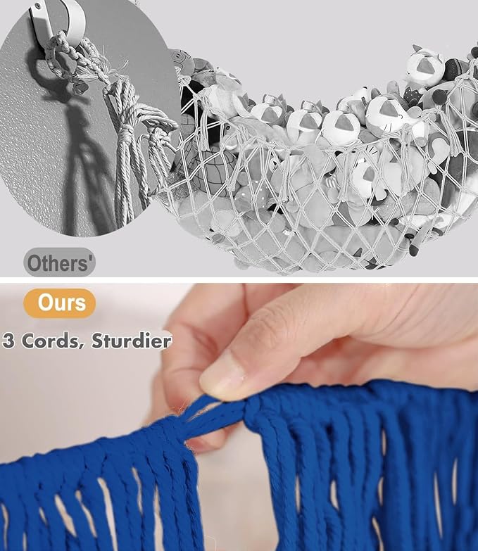 Stuffed Animal Hammock - Extra Large 56'' Long (Sapphire blue) | Premium Cotton Hand-knitted, Beautiful Long Tassel, Storage Hanging Organizer, Can Fit Stuffed Animals 30 Piece or More