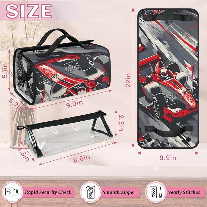 Racing Car Makeup Bag for Women Hanging Roll-Up Travel Organizer Toiletry Kit with 4 Removable Compartments, Race Car