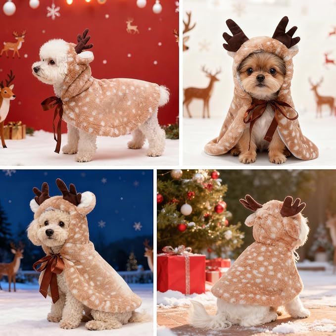 BEAUTYZOO 2 Pack Reindeer Dog Christmas Costume with Santa Hat for Small Dogs Cats, Fluffy Xmas Outfit, Cute Pet Christmas Elk Clothes, Puppy Xmas Hoodie Cloak Cape, Cat Holiday Cosplay Dress