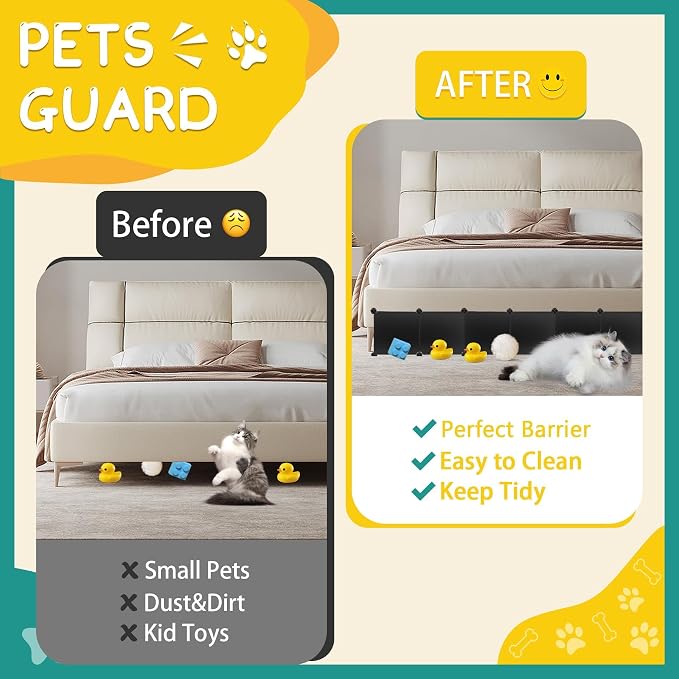 14 Pack Under Bed & Couch Blocker for Pets and Toys - 166" Length, 11.8" Height for One Side of Queen Bed | Includes Sticky Tape, Connectors & Zip Ties - Black