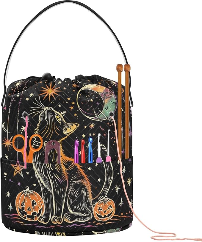 Fustylead Halloween Black Cat and Stars Moon Pumpkin Crochet Drawstring Organizer, Large Yarn Bag Storage Tote Basket for Crocheting On The Go, Kit Holder, Gift for Knitter, Crochet Beginner