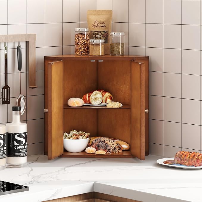 Trironsun Corner Bread Box for Kitchen Counter Double Layer Bamboo Bread Storage Container Large Capacity Bread Storage Bin Farmhouse Breadbox Organizer (Antique Brown)