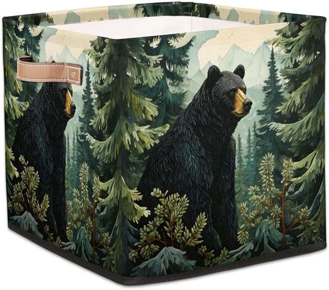 Black Bear Forest Wild Animals Cube Storage Bin, 13 Inch Collapsible Fabric Storage Cubes Bin, Foldable Cube Baskets for Shelf, Closet, Organizer
