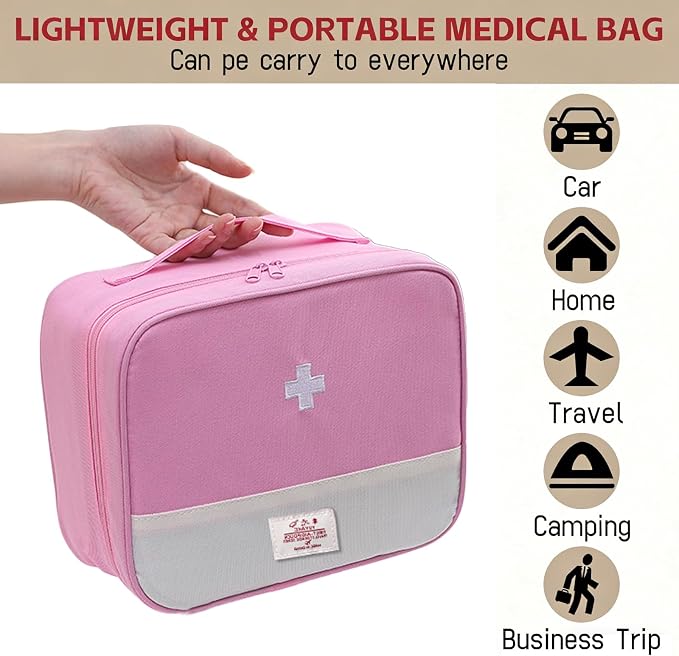 Empty First Aid Bag, Medicine Storage Bag, Portable Medicine Bag Organizer for Home Outdoor Camping Hiking Travel (Pink)