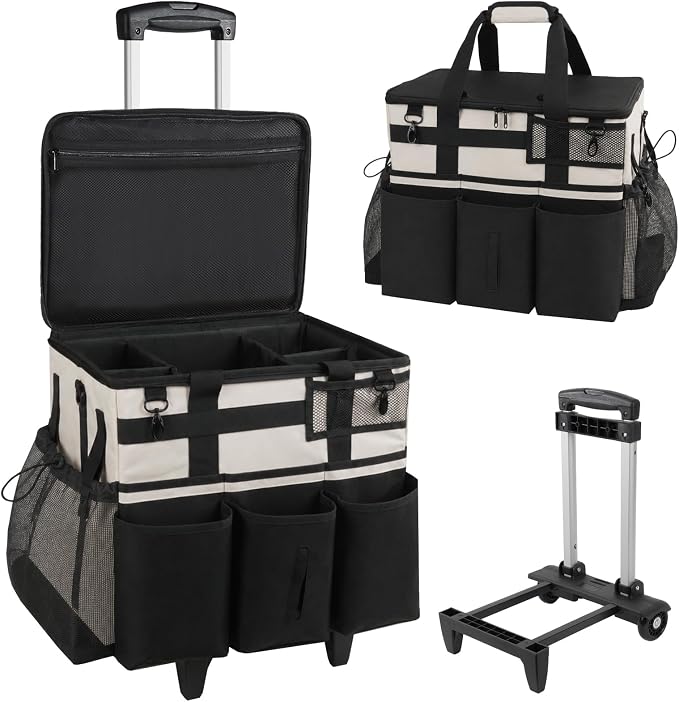 SCAVATA Rolling Cleaning Caddy Bag with Detachable Trolley, Large Cleaning Supplies Organizer with Wheels, Multi-Pocket Cleaning Cart with Adjustable Shoulder Strap for Housekeepers (CreamWhite)