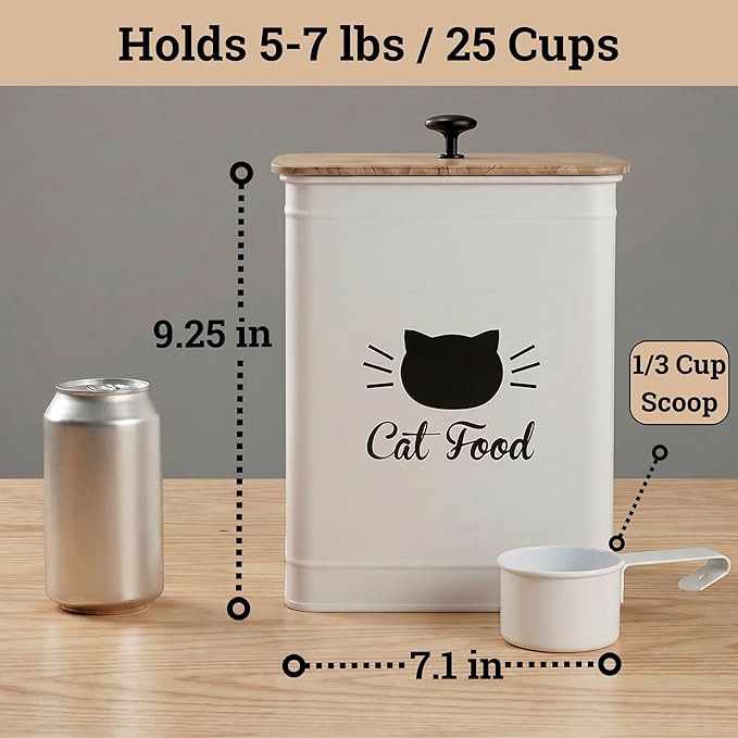 Metal Cat Food Container with Scoop 5-7 lb (25 Cup), w/ Airtight Bamboo Lid | Cat Kibble Canister with Metal Scoop, 25 Cups, Chew Proof Iron Body, Powder Coated, Airtight Bamboo Lid, Sturdy Metal Handle