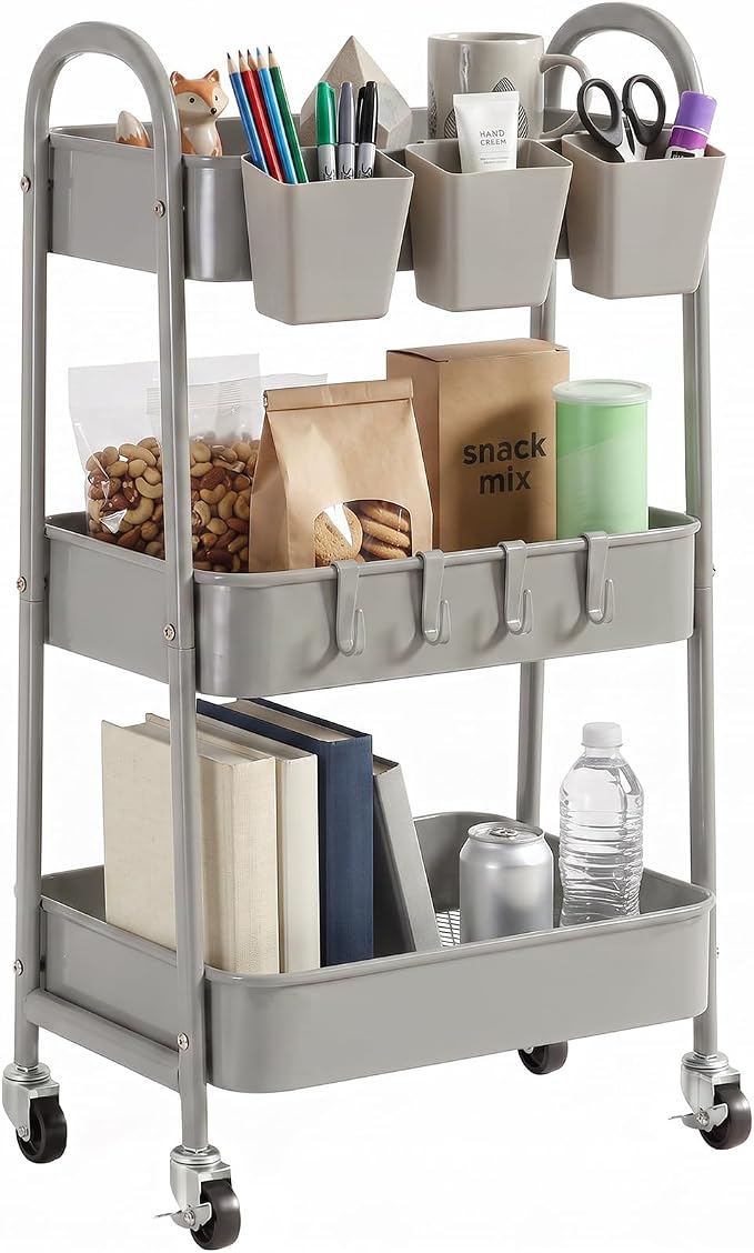 danpinera 3-Tier Rolling Cart, Metal Rolling Storage Cart with Lockable Wheels & Hanging Cups & Hooks, Mobile Trolley Cart for Kitchen, Bathroom, Office, Workshop, Gray