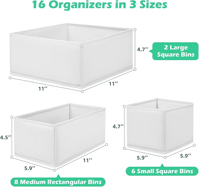 Drawer Clothing Organizer 16-Pack, White Underwear Dividers | Multiple sizes Fabric Folding Wardrobe Organizer,Storage Bins Store Baby Clothes, Bras, Underwear, Panties,Belts,Socks,Ties