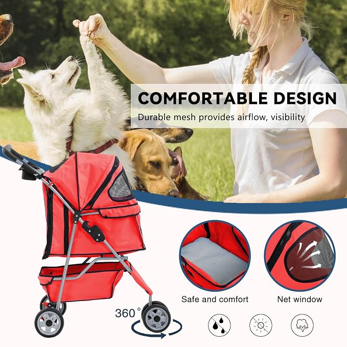 Redcat 3-Wheel Folding Dog & Cat Stroller - Waterproof, Cup Holder & Removable Liner, Medium & Small Pets