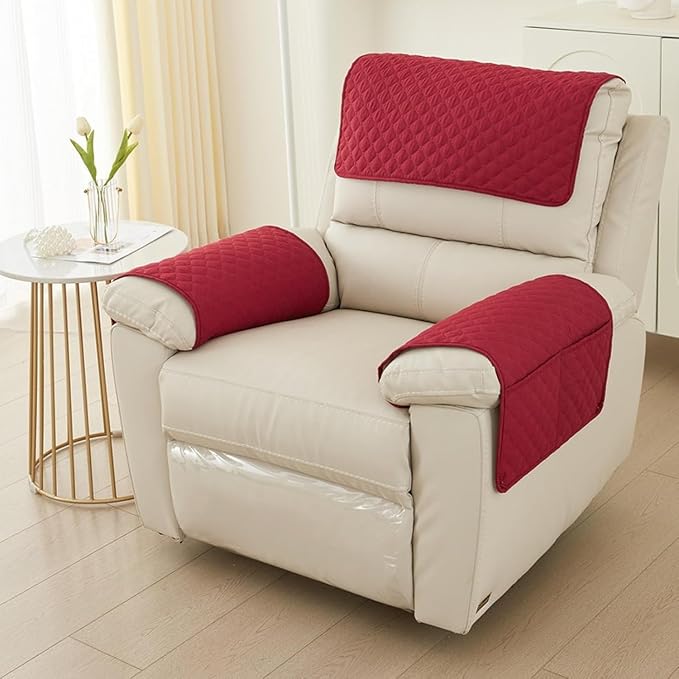 Recliner Arm Covers with Pockets & Headrest Protector- Non-Slip Quilted Stretch Armrest Covers, Washable Sofa Armchair Organizer for Couch, Pet Scratch Resistant(Red)
