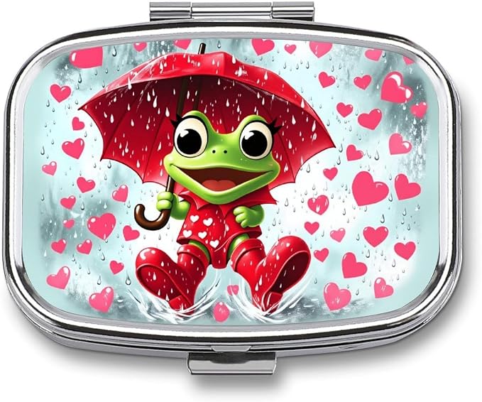 Frog Playing in The Rain Durable Metal Pill Case for Daily Use, 2 Slot Medicine Box Organizer,Leak Proof Travel Pill Container for Vitamins, Compact Pocket Medicine Holder for Seniors,Holiday Gift