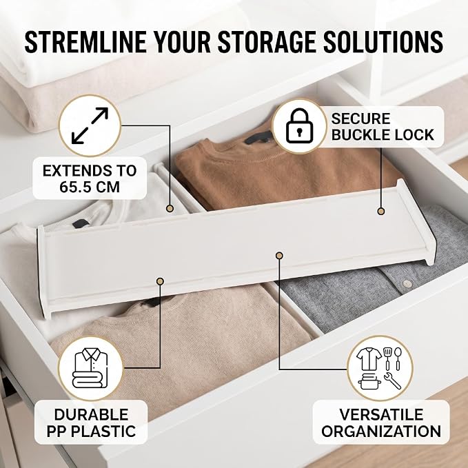 AUNMAS Expandable Drawer Divider for Clothes With Lock Clip, 14.76-25.79in Adjustable PP Drawer Separator for Kitchen Bedroom Nursery Office Organization & Storage (L)