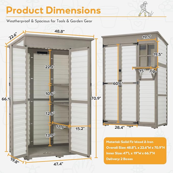 Large Outdoor Storage Cabinet with 3 Shelves, Weatherproof Shed for Outside | Fold-out Work Table, Dual-zone Shelves Keep Tools Organized, Clear Window, 6 Hooks, Anti-tip, Fits Patio, Garden, Garage