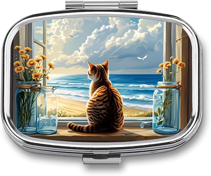 Cat On Windowsill Durable Metal Pill Case for Daily Use, 2 Slot Medicine Box Organizer,Leak Proof Travel Pill Container for Vitamins, Compact Pocket Medicine Holder for Seniors,Holiday Gift