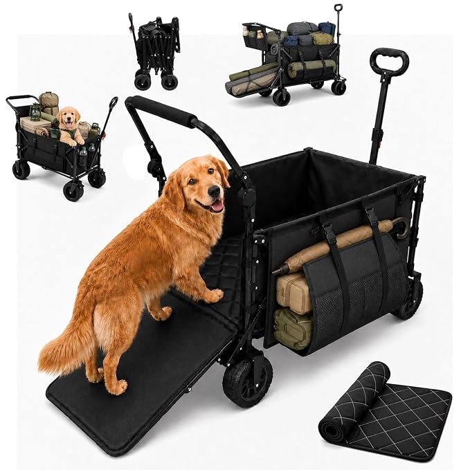 Foldable Dog Wagon for Medium & Large Dogs with Drop-Down Tailgate | 205L Heavy Duty Dog Cart, All-Terrain Collapsible Wagon for Beach, Shopping & Camping, for 1 Large or 2 Medium Puppies