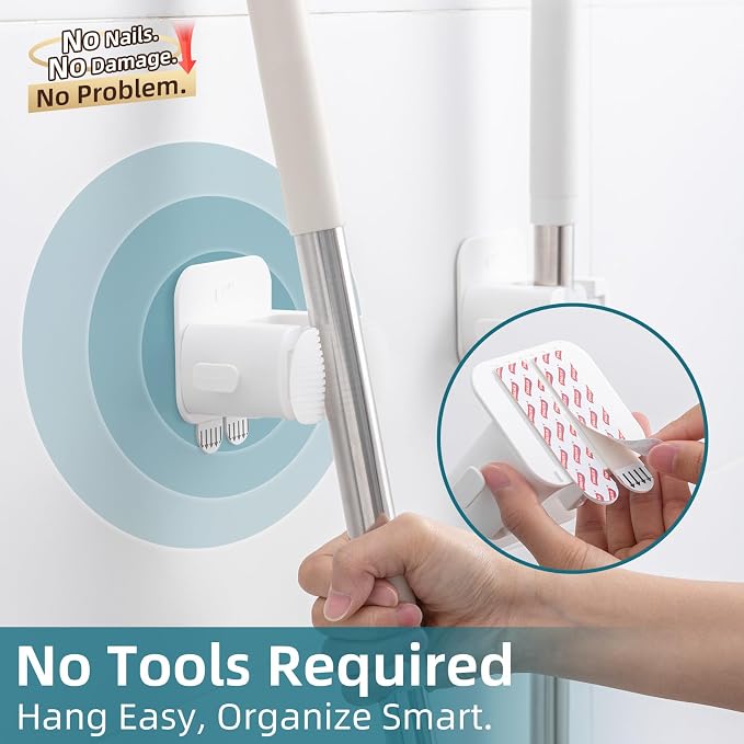 TAILI Mop and Broom Holder Wall Mount Grippers, 2 Hangers and 6 Adhesive Strips, Damage Free Hanging Wall Mount, Household Cleaning Organizer for Organization and Storage, Holds up to 4 lbs, White