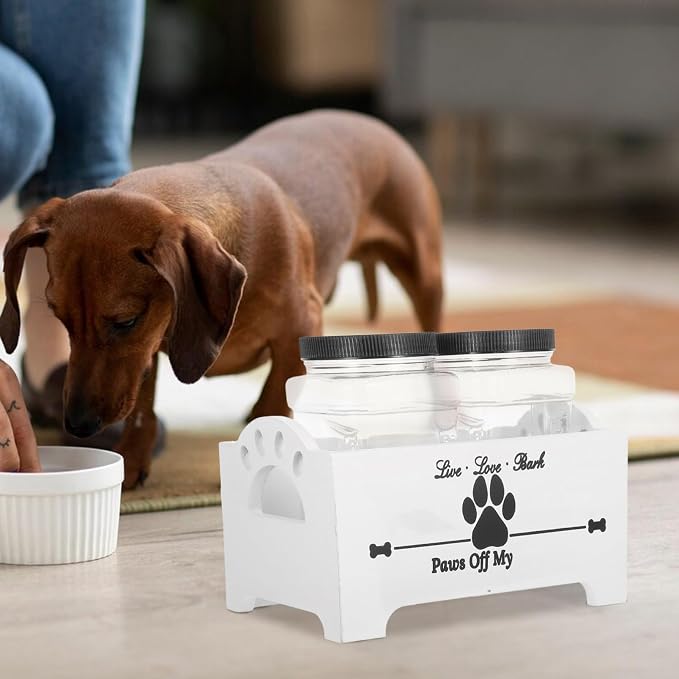 HOMSFOU Wooden Dog Treat Container Box with Airtight Lid and Double Jars, Pet Food Storage Organizer for Household Use, White Crate Suitable for Dog Snacks and Biscuits