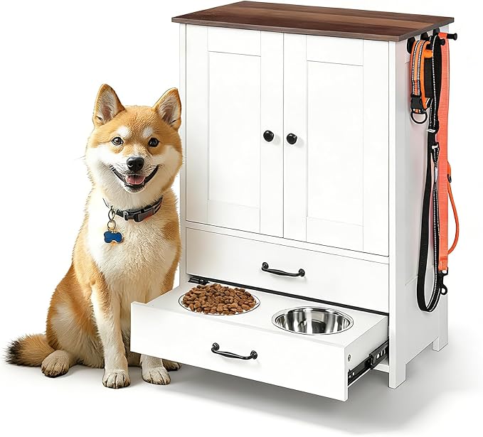 Dog Feeding Station with Storage, Pull-Out Elevated Feeder | Adjustable Elevated Bowls, Hidden Pull-Out Feeder, Storage Cabinet, Food And Toy Organizer For Dogs And Cats