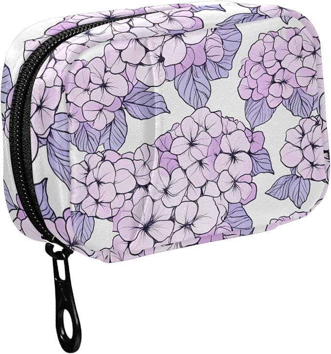 Fustylead Beautiful Light Purple Hydrangea Flower Pill Organizer Travel Bag, Small Portable Pill Case Cute for Vitamin Fish Oil Supplements Medicine Organizer with Zipper