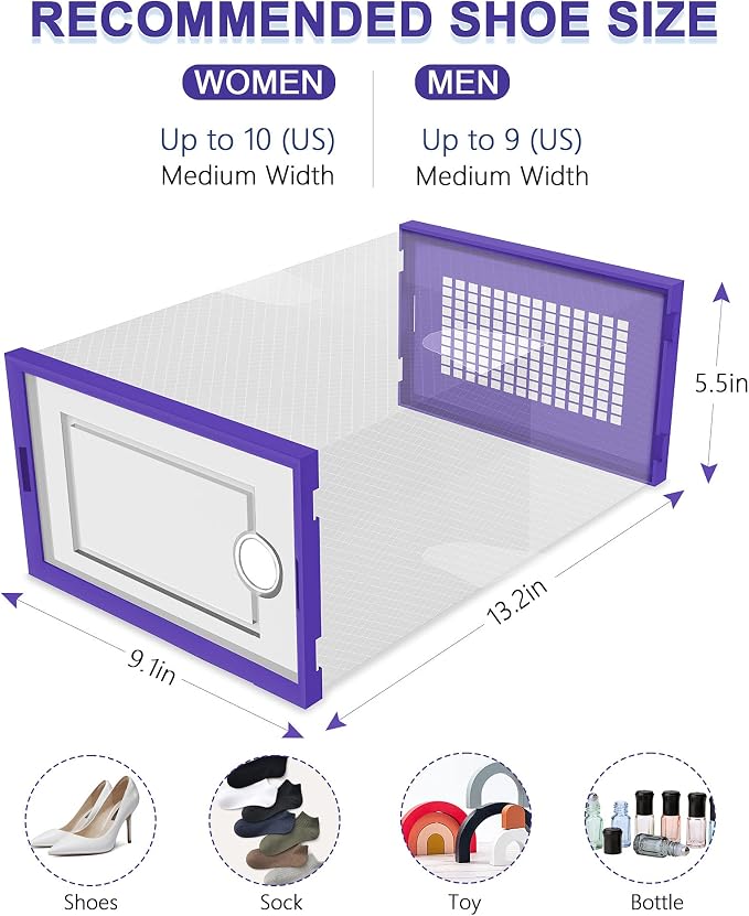 Kuject Large Shoe Organizers Storage Boxes for Closet, 12 Pack Clear Plastic Stackable Storage Bins with Lids, Under Bed Shoe Containers for Entryway, Drop Front, Fit up to Women's Size 10,Purple
