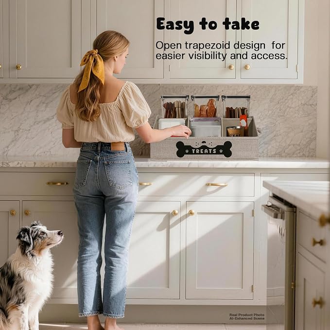 Dog Treat Container, Dogs Storage Organizer with Removable Dividers, Collapsible Dogs Treat Holder for Countertop, Trapezoid Pet Treats Containers, Dog Toy Basket with PU Handles, Medium, Gray