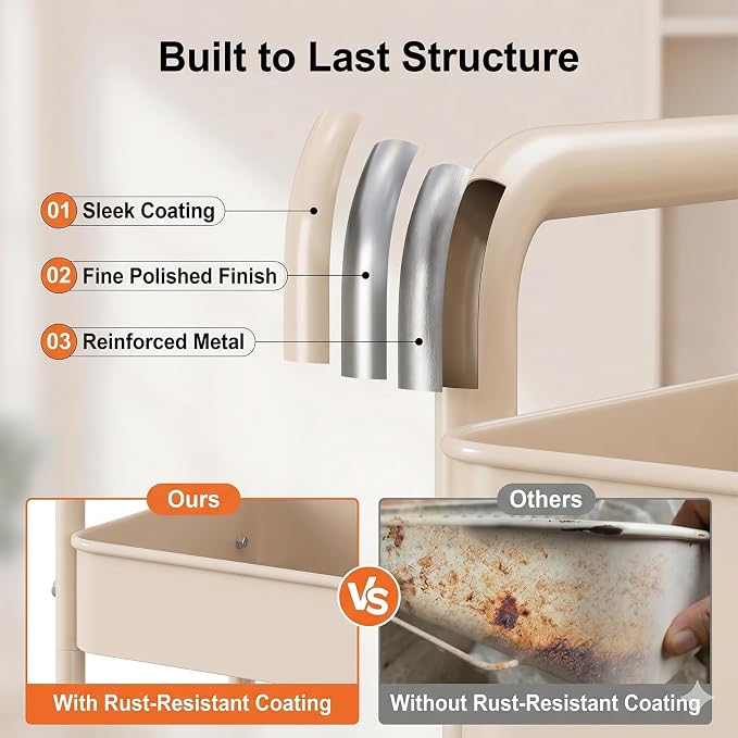 3 Tier Beige Rolling Storage Cart Metal on Wheels, Cream Three Tiered Diaper Caddy with Wheels,Utility Organizer Trolley for Nursery,Postpartum,Art,Craft,Khaki Roller Bedside Carts for Baby Essentials