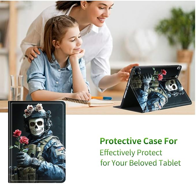 for Samsung Galaxy Tab A 8.0" 2019 SM-T290/T295 Case | Slim Leather Smart Cover with Multi-Angle Anti-Slip Stand [Auto Wake/Sleep] Shell for Women Men, Skull Man Flower