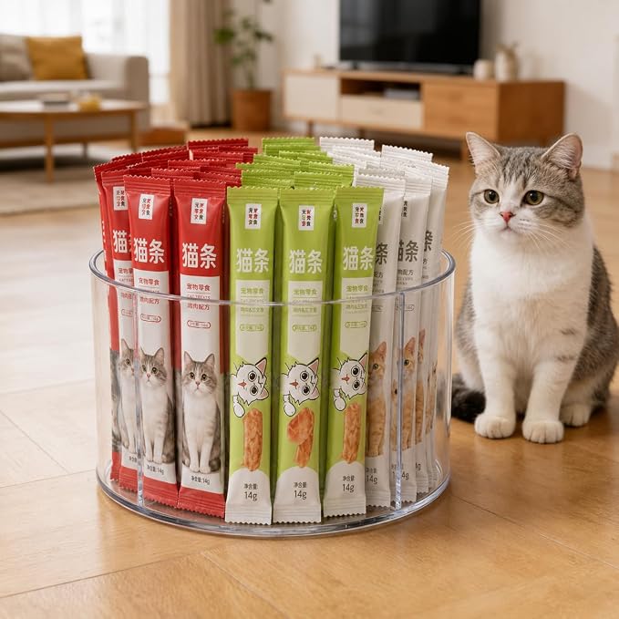 Lickable Cat Treats Organizer, Clear Acrylic Lazy Susan Cat Treat Holder with 4 Compartments, Squeeze Up Cats Food Storage for Wet Treat Tubes, Puree Snacks, Countertop Pantry Shelf